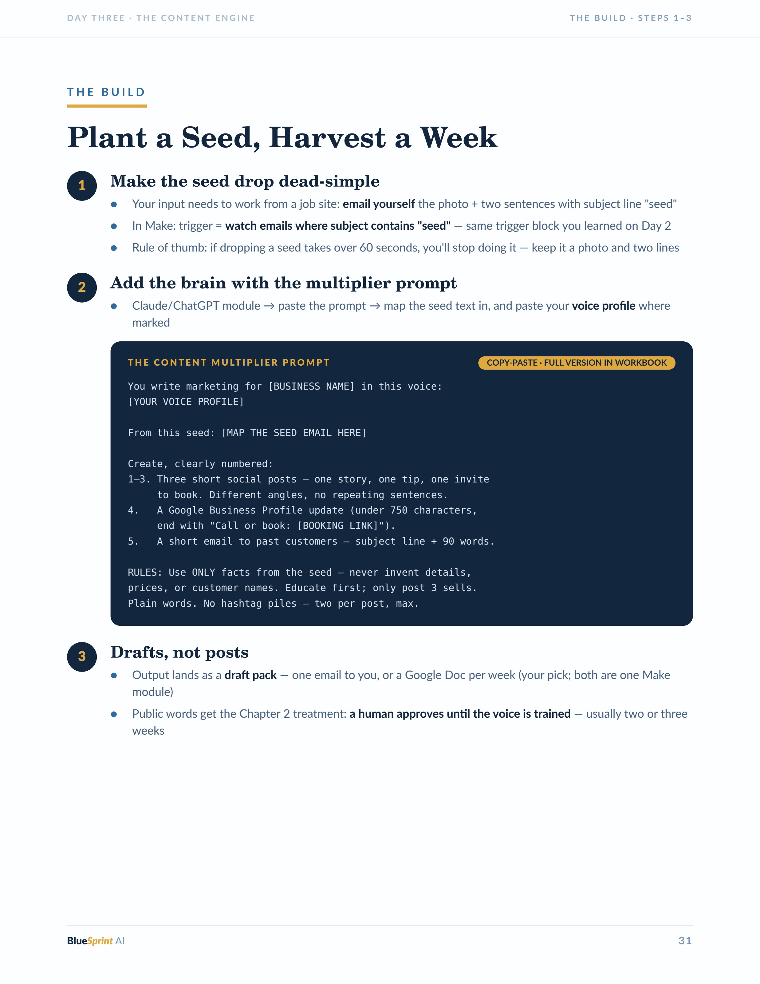 Fill-In Build Sheets. Page preview from the BlueSprint AI guide