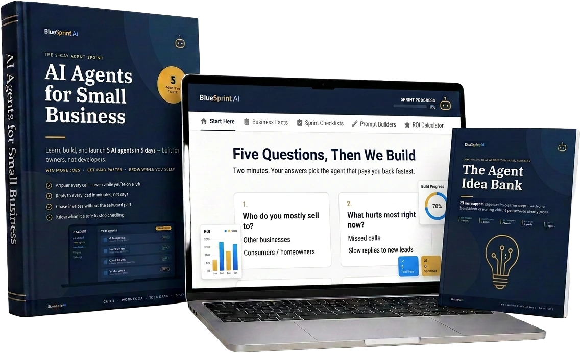 BlueSprint AI bundle: the AI Agents for Small Business guide, interactive workbook and AI Agent Idea Bank